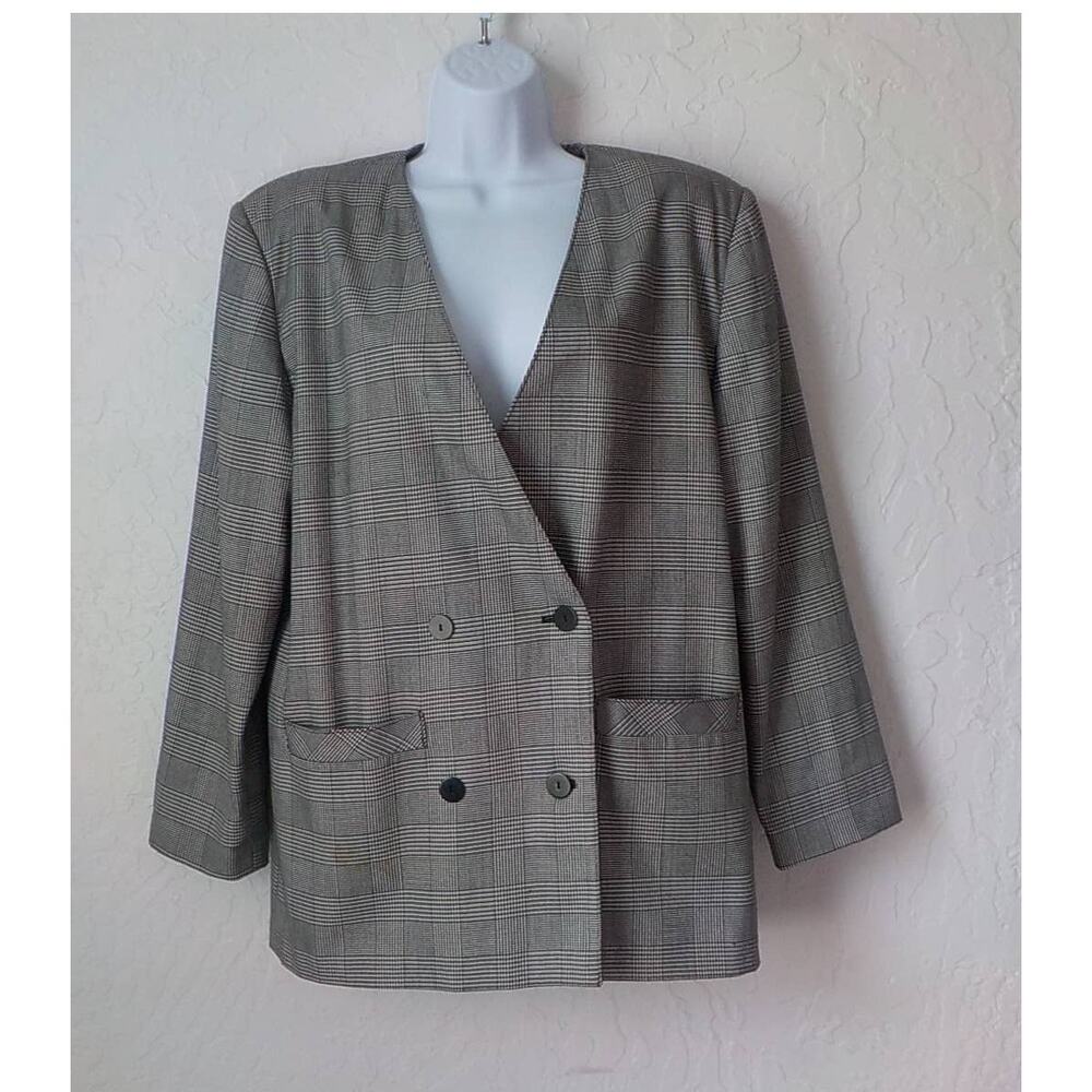 VTG Alto Black Plaid Blazer Women 11/12 (L/XL) Button Up Shoulder Pads Preppy